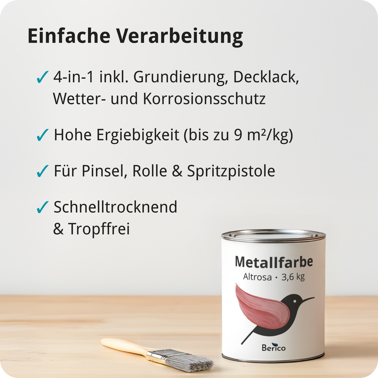 BERICO Metallfarbe: geruchsarmer und stark haftender 4-in-1 Lack