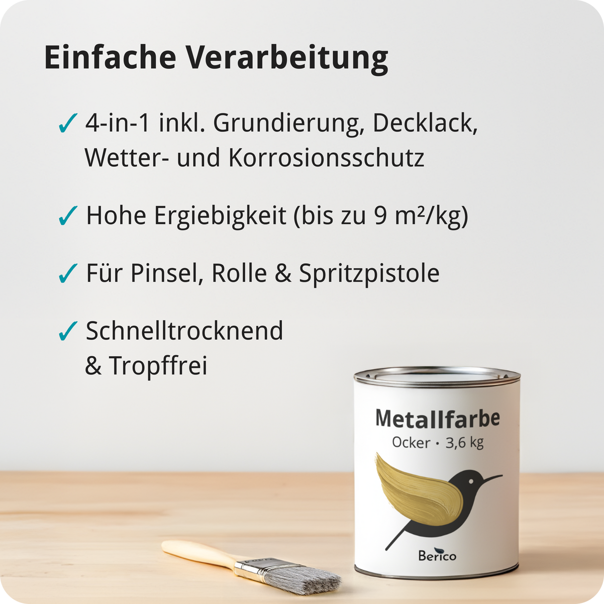 BERICO Metallfarbe: geruchsarmer und stark haftender 4-in-1 Lack