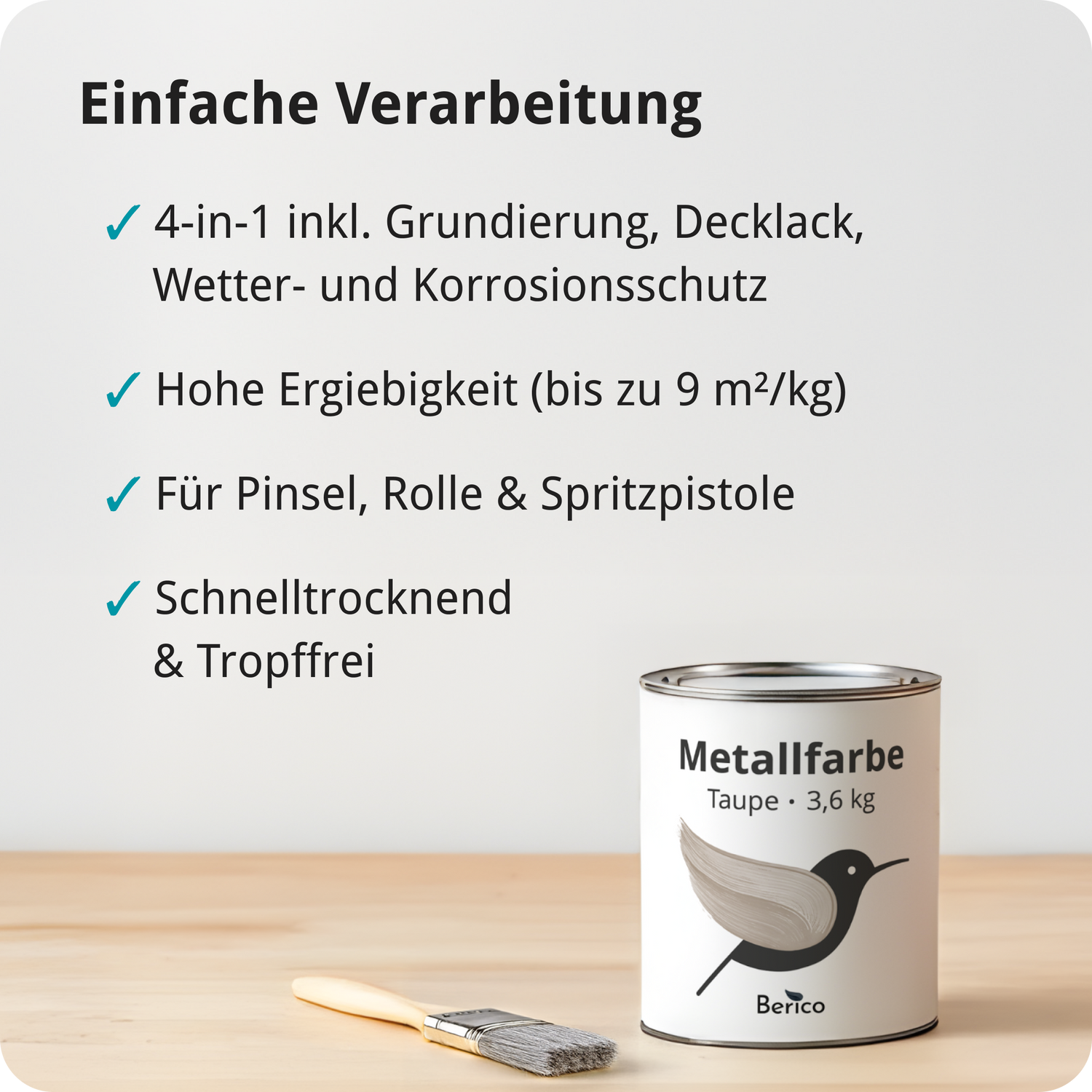 BERICO Metallfarbe: geruchsarmer und stark haftender 4-in-1 Lack